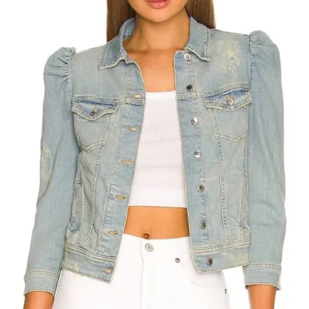 Retrofete Ada Denim Jacket Distressed Porcelain Puff Shoulder Jean 3/4 Size XS